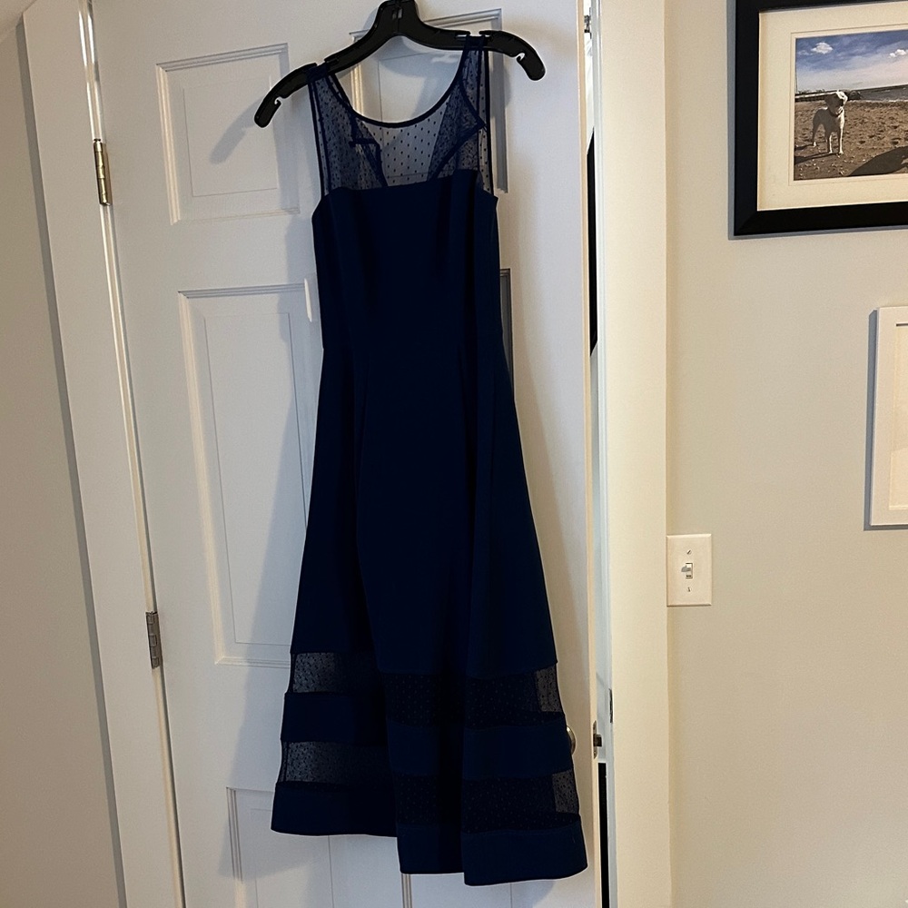 Chic Navy Blue Midi Dress with Sheer Accents